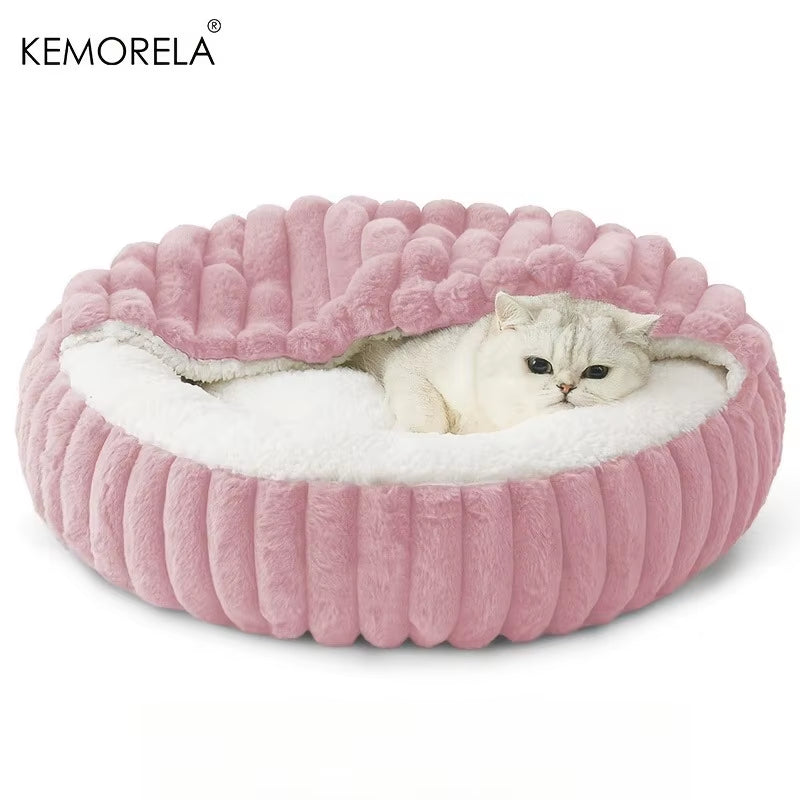 Warm round Hooded Kitten Bed Non-Slip Cat Cave Indoor Puppy Sleeping Quilted Cushion Suitable for Cats and Dogs