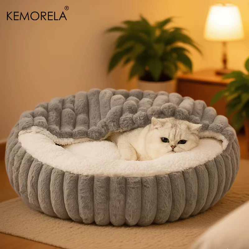 Warm round Hooded Kitten Bed Non-Slip Cat Cave Indoor Puppy Sleeping Quilted Cushion Suitable for Cats and Dogs