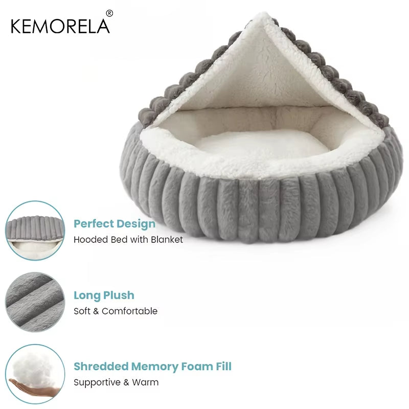 Warm round Hooded Kitten Bed Non-Slip Cat Cave Indoor Puppy Sleeping Quilted Cushion Suitable for Cats and Dogs